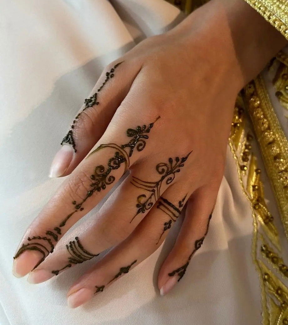 Hand with intricate henna (Ink) design against a gold and white background